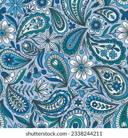 LIGHT BLUE VECTOR SEAMLESS BACKGROUND WITH MULTICOLORED FLORAL PAISLEY ORNAMENT