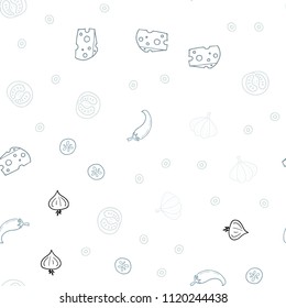 Light BLUE vector seamless cover with cuisine gourmet. Illustration with set of fresh food in doodle style. Pattern for ads of breakfast, lunch, dinner.