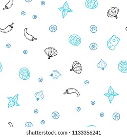 Light BLUE vector seamless cover with cuisine gourmet. Beautiful colored illustration with food in doodle style. Doodle design for your business advert of cafes.