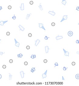 Light BLUE vector seamless cover with cuisine gourmet. Decorative shining illustration with food on abstract template. Doodle design for your business advert of cafes.