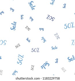 Light BLUE vector seamless cover with symbols of 50 % sales. Colored words of sales with gradient on white background. Backdrop for ads, leaflets of Black Friday.