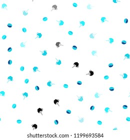 Light BLUE vector seamless cover with set of coffee beans. Decorative gradient design of coffee cups and beans. Doodle design for your business advert of cafes.