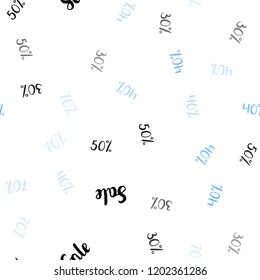 Light BLUE vector seamless cover with symbols of 30, 40, 50, 70 % sales. Colored words of sales with gradient on white background. Backdrop for mega promotions, discounts.
