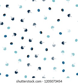 Light BLUE vector seamless cover with set of coffee beans. Decorative gradient design of coffee cups and beans. Pattern for ad, booklets, leaflets of restaurants.