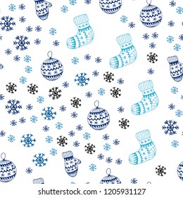 Light BLUE vector seamless cover with beautiful snowflakes, balls, socks, mittens. Shining colorful illustration in christmas style. Template for business cards, websites.
