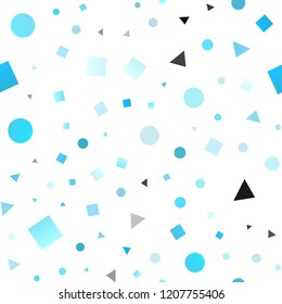Light BLUE vector seamless cover in polygonal style with circles. Illustration with set of colorful circles, triangles, squares. Pattern for design of window blinds, curtains.