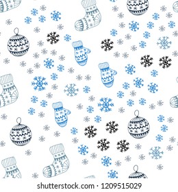 Light BLUE vector seamless cover with beautiful snowflakes, balls, socks, mittens. Shining colorful illustration in christmas style. Texture for window blinds, curtains.