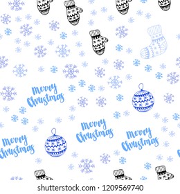 Light BLUE vector seamless cover with beautiful snowflakes, balls, socks, mittens. Glitter abstract illustration with gradient. Template for business cards, websites.