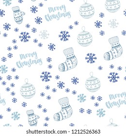 Light BLUE vector seamless cover with beautiful snowflakes, balls, socks, mittens. Glitter abstract illustration with gradient. Template for business cards, websites.