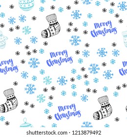 Light Blue vector seamless cover with beautiful snowflakes, balls, socks, mittens. Colorful decorative design in xmas style. Pattern for trendy fabric, wallpapers.