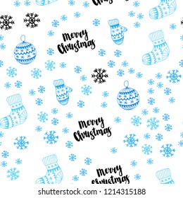 Light BLUE vector seamless cover with beautiful snowflakes, balls, socks, mittens. Modern geometric abstract illustration. Texture for window blinds, curtains.