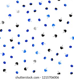 Light BLUE vector seamless cover with set of coffee beans. Colorful illustration with gradient coffee beans, mugs. Pattern for menu of cafes and restaurants.