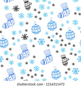Light BLUE vector seamless cover with beautiful snowflakes, balls, socks, mittens. Shining colorful illustration in christmas style. Texture for window blinds, curtains.