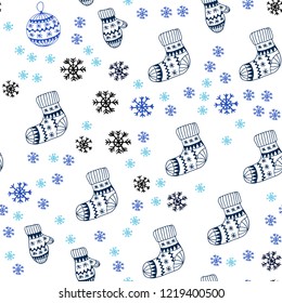 Light BLUE vector seamless cover with beautiful snowflakes, balls, socks, mittens. Colorful decorative design in xmas style. Pattern for design of fabric, wallpapers.