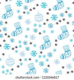 Light BLUE vector seamless cover with beautiful snowflakes, balls, socks, mittens. Glitter abstract illustration with gradient. Texture for window blinds, curtains.