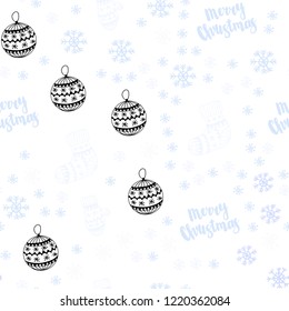 Light BLUE vector seamless cover with beautiful snowflakes, balls, socks, mittens. Glitter abstract illustration with gradient. Pattern for design of fabric, wallpapers.