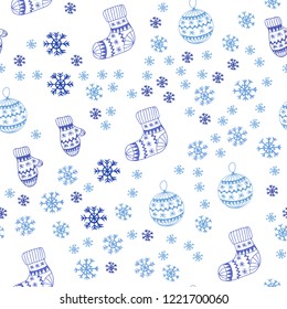 Light BLUE vector seamless cover with beautiful snowflakes, balls, socks, mittens. Colorful illustration with xmas symbols. Design for textile, fabric, wallpapers.