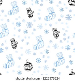 Light BLUE vector seamless cover with beautiful snowflakes, balls, socks, mittens. Colorful illustration with xmas symbols. Pattern for trendy fabric, wallpapers.