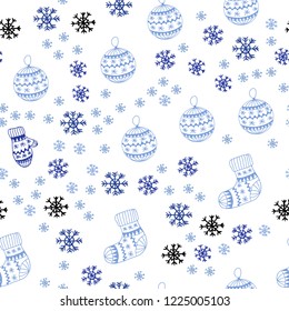 Light BLUE vector seamless cover with beautiful snowflakes, balls, socks, mittens. Colorful decorative design in xmas style. Pattern for design of fabric, wallpapers.
