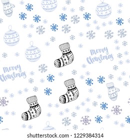 Light BLUE vector seamless cover with beautiful snowflakes, balls, socks, mittens. Modern geometric abstract illustration. Pattern for design of fabric, wallpapers.