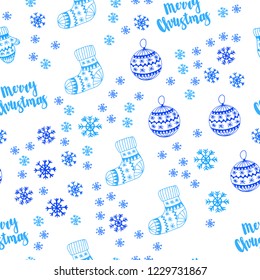 Light BLUE vector seamless cover with beautiful snowflakes, balls, socks, mittens. Colorful xmas elements with gradient. Texture for window blinds, curtains.