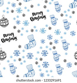 Light BLUE vector seamless cover with beautiful snowflakes, balls, socks, mittens. Shining colorful illustration in christmas style. Design for wallpaper, fabric makers.