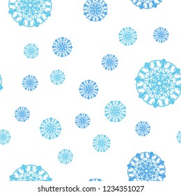 Light BLUE vector seamless cover with beautiful snowflakes. Blurred decorative design in xmas style with snow. Pattern for trendy fabric, wallpapers.