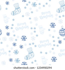 Light BLUE vector seamless cover with beautiful snowflakes, balls, socks, mittens. Glitter abstract illustration with gradient. Design for wallpaper, fabric makers.