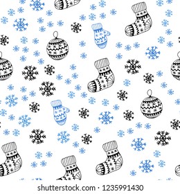 Light BLUE vector seamless cover with beautiful snowflakes, balls, socks, mittens. Colorful illustration with xmas symbols. Pattern for design of fabric, wallpapers.