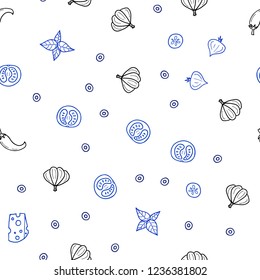 Light BLUE vector seamless cover with cuisine gourmet. Glitter abstract sketch with gourmet food. Pattern for ads of breakfast, lunch, dinner.
