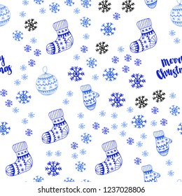Light BLUE vector seamless cover with beautiful snowflakes, balls, socks, mittens. Colorful illustration with xmas symbols. Template for business cards, websites.