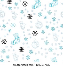Light BLUE vector seamless cover with beautiful snowflakes, balls, socks, mittens. Colorful xmas elements with gradient. Template for business cards, websites.