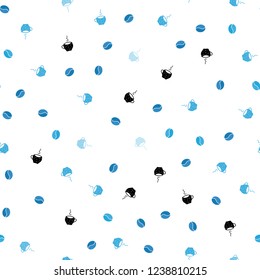 Light BLUE vector seamless cover with set of coffee beans. Decorative gradient design of coffee cups and beans. Pattern for ad, booklets, leaflets of restaurants.