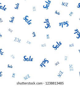 Light BLUE vector seamless cover with symbols of 30, 50, 70 % sales. Colored words of sales with gradient on white background. Pattern for ads, posters, banners of sales.