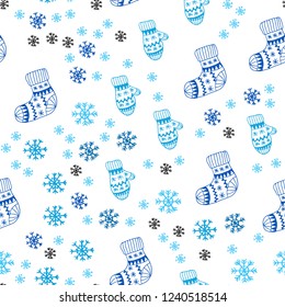 Light BLUE vector seamless cover with beautiful snowflakes, balls, socks, mittens. Colorful decorative design in xmas style. Pattern for trendy fabric, wallpapers.