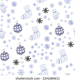 Light BLUE vector seamless cover with beautiful snowflakes, balls, socks, mittens. Colorful xmas elements with gradient. Texture for window blinds, curtains.