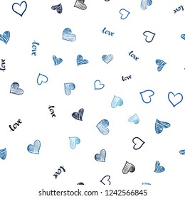 Light BLUE vector seamless cover with quote LOVE YOU, hearts. Colorful gradient phrase LOVE YOU, hearts in abstract style. Design for textile, fabric, wallpapers.