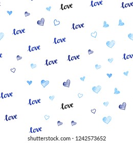 Light BLUE vector seamless cover with quote LOVE YOU, hearts. Colorful illustration with quote LOVE YOU, hearts. Pattern for design of fabric, wallpapers.