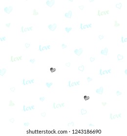 Light BLUE vector seamless cover with quote LOVE YOU, hearts. Romantic illustration with colorful phrase LOVE YOU, hearts. Pattern for trendy fabric, wallpapers.
