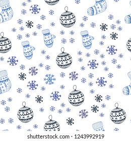 Light BLUE vector seamless cover with beautiful snowflakes, balls, socks, mittens. Modern geometric abstract illustration. Design for wallpaper, fabric makers.