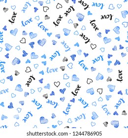 Light BLUE vector seamless cover with quote LOVE YOU, hearts. Illustration with phrase LOVE YOU, hearts for valentine's day. Template for business cards, websites.