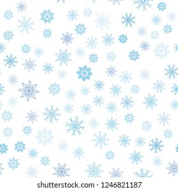 Light BLUE vector seamless cover with beautiful snowflakes. Decorative shining illustration with snow on abstract template. Trendy design for wallpaper, fabric makers.