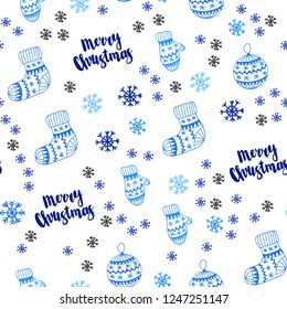 Light BLUE vector seamless cover with beautiful snowflakes, balls, socks, mittens. Colorful xmas elements with gradient. Design for textile, fabric, wallpapers.