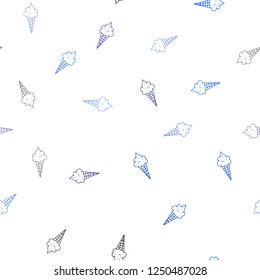 Light BLUE vector seamless cover with sundae ice-cream. Illustration with set of delicious sweet ice-cream cones. Doodle design for your business advert of cafes.