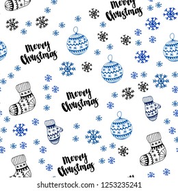 Light BLUE vector seamless cover with beautiful snowflakes, balls, socks, mittens. Shining colorful illustration in christmas style. Template for business cards, websites.