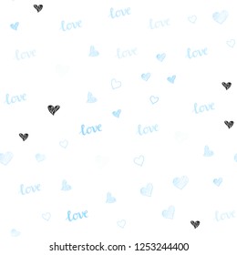 Light BLUE vector seamless cover with quote LOVE YOU, hearts. Colorful illustration with quote LOVE YOU, hearts. Texture for window blinds, curtains.