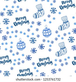 Light BLUE vector seamless cover with beautiful snowflakes, balls, socks, mittens. Colorful decorative design in xmas style. Design for wallpaper, fabric makers.