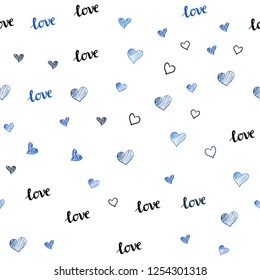 Light BLUE vector seamless cover with quote LOVE YOU, hearts. Colorful illustration with quote LOVE YOU, hearts. Texture for window blinds, curtains.