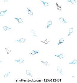 Light BLUE vector seamless cover with sundae ice-cream. Decorative design of ice-cream cones in doodle style. Pattern for ad, booklets, leaflets of restaurants.