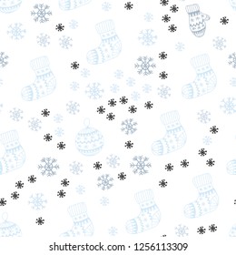 Light BLUE vector seamless cover with beautiful snowflakes, balls, socks, mittens. Colorful xmas elements with gradient. Texture for window blinds, curtains.